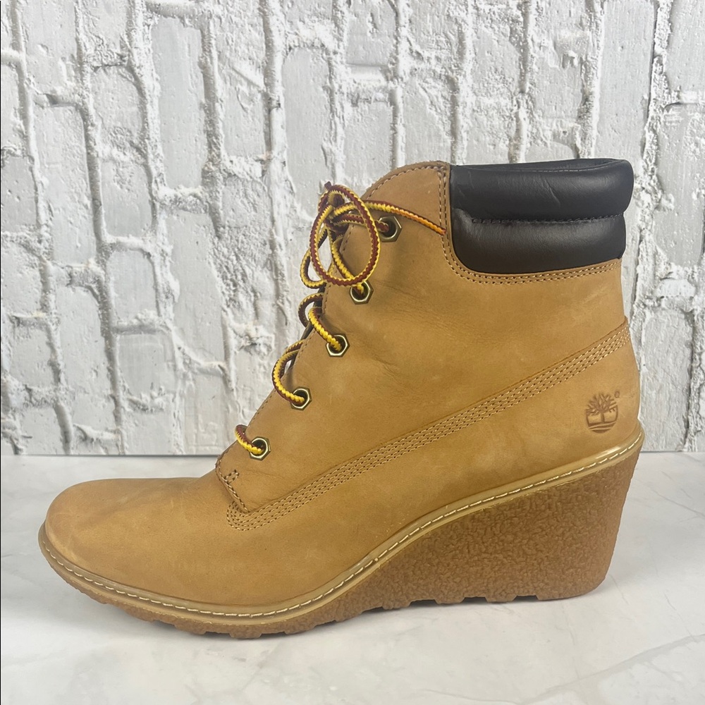 Timberland Women's Amston‎ 6 Inch Wheat Nubuck Wedge Heel Boots Size 8 - Picture 2 of 15